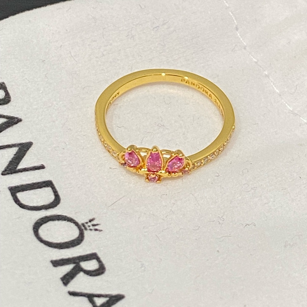 Pandora Gold Ring with Pink Teardrop Stones and Pavé Shoulders - Picture 3 of 4